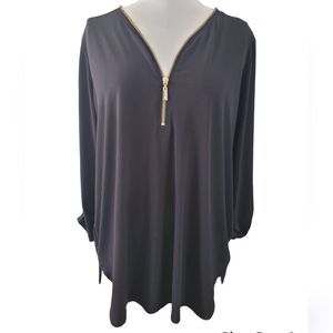 3/4 Sleeve Deep V Zipper Black Tunic Blouse
